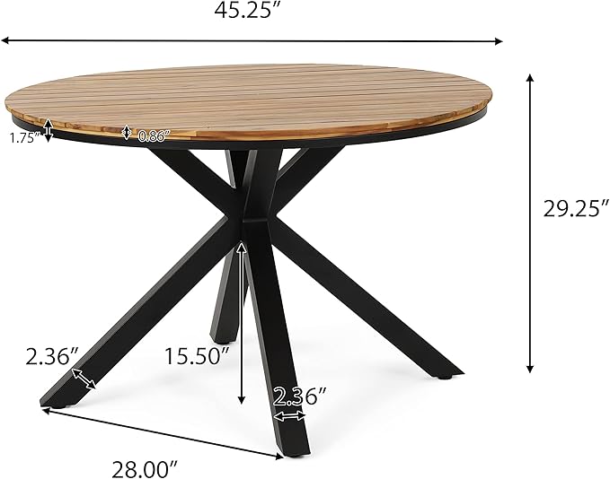 Merax 45" Round Outdoor Patio Dining Table Teak Acacia Wood Tabletop and Black Metal Leg, Modern Industrial Style Patio Dining Table