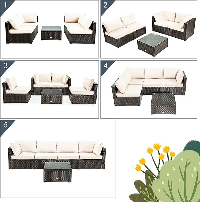 DORTALA 5 Pieces Patio Furniture Set, Outdoor Rattan L-Shaped Corner Sofa Set with Cushions, Coffee Table, Patio Sectional Conversation Set for Backyard Porch Garden Poolside, White