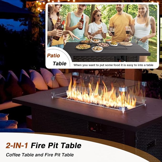 Patio Furniture Set with Fire Pit Table, Outdoor Sectional Rattan Sofa Set, Patio Set Seating Furniture with Thickened Cushions (Red, 7 Pieces)