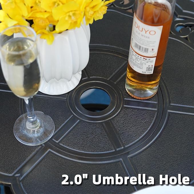 MEETWARM 5-Piece Outdoor Patio Dining Set, All-Weather Cast Aluminum Patio Conversation Set with 4 Cushions Swivel Rocker Chairs for Backyard Garden Deck and 38.5" Round Table, 2.2" Umbrella Hole