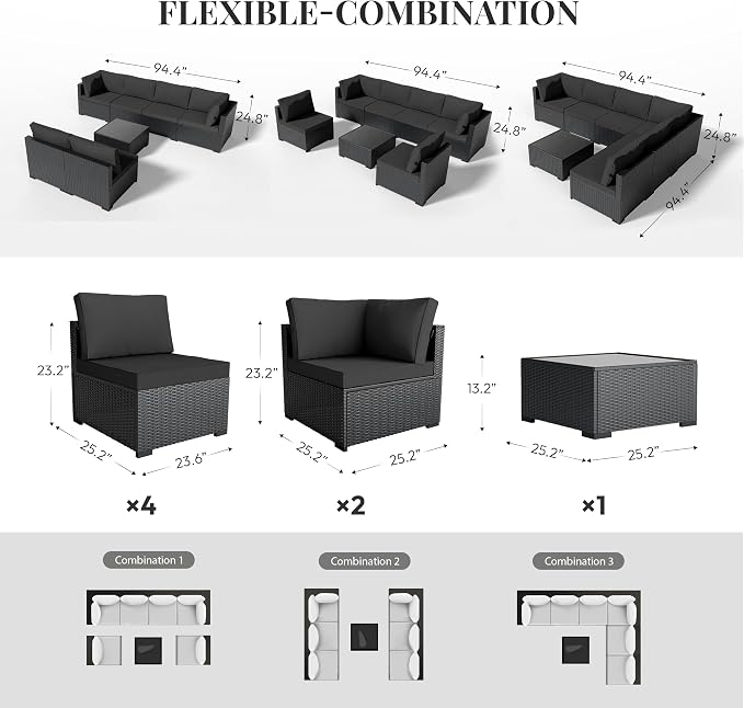 WWR Patio Furniture Set 7 Piece - All-Weather - Wicker Rattan Patio Outdoor Conversation Set, Modular Sectional Sofa for Backyard, Garden, Poolside, Balcony, Porch, Patio, Black/Black