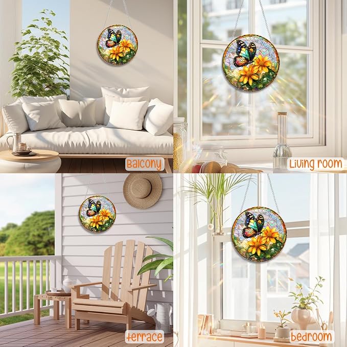 Acrylic Suncatcher Window Hanging, Butterfly & Flower Sun Catcher Rainbow Indoor Window Decoration for Living Room Bedroom Summer Home Balcony Ornaments, 7.87 inches