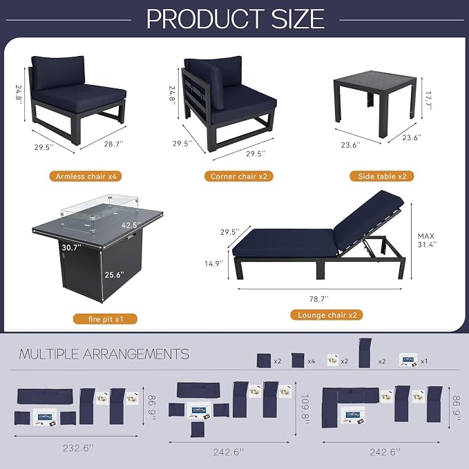 BULEXYARD 11 Pcs Oversized Contemporary Aluminum Patio Furniture Set, All Weather Modular Sectional Sofa with Tanning Chair & Fireplace, 500 lbs Heavy Duty Comfy Outdoor Couch for Beach, Dark Blue