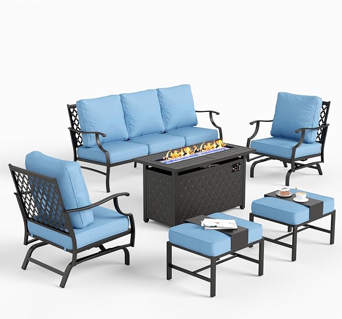 SUNSHINE VALLEY 6 Pieces Metal Patio Furniture Set with Firepit Table, Patio Conversation Set with 5.75" Thick Cushion, Outdoor Furniture 3-Seater Sofa, 2 Rocking Chair & 2 Ottoman for Backyard, Blue