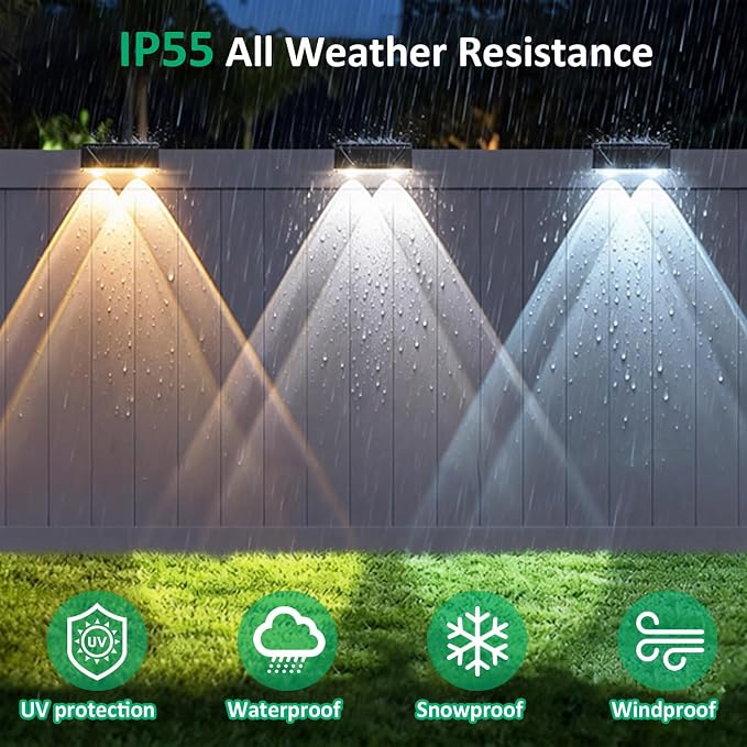 Solar Fence Lights Outdoor - 3 Color Modes(3000K/4000K/6000K), IP55 Waterproof Solar Lights, Fence Light Solar Powered for Outside, Backyard, Railing, Steps, Patio and Wall Lighting（8Pack）