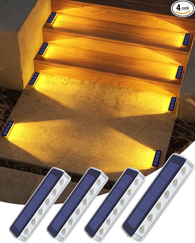 DetarZinLED Solar Step Lights for Outside,4 Pack Solar Stair Lights Outdoor Waterproof,Warm White Deck Light Solar Powered Waterproof for Steps,Stairs,Walkway,Sidewalk,Patio,Pathway