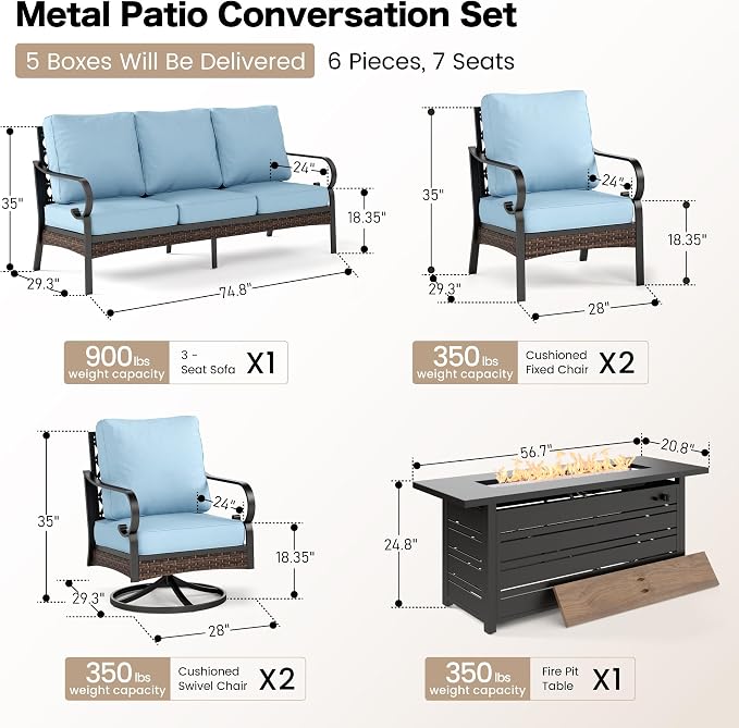 SUNSHINE VALLEY 6 Piece Black Metal Outdoor Patio Furniture Sets with Firepit Table, Patio Conversation Sets 1 3-Seater Sofa, 2 Leg Chair and 2 Swivel Chair with 5.75" Cushion for Backyard Deck, Blue