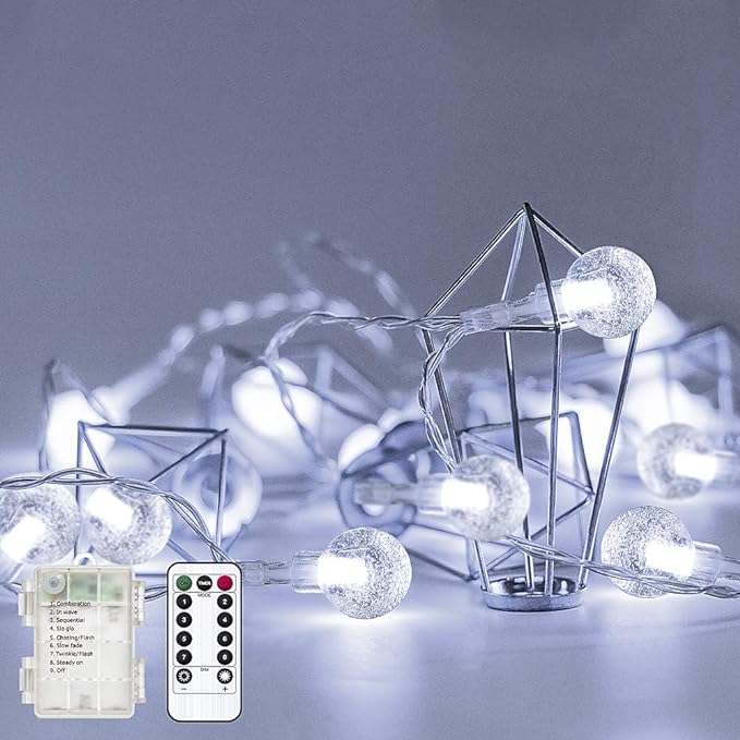 Metaku Cool White Globe String Lights Fairy Light 16ft 50LED & Remote | Battery Operated Indoor Outdoor Hanging String Lights Christmas Lights for Home Party Patio Garden Classroom Wedding