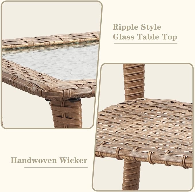 Belord Outdoor Coffee Table for Patio - 40 Inch Rattan Patio Coffee Table with 2-Layer Storage, Rectangular Tempered Glass Outdoor Wicker Table for Porch Balcony Yellow
