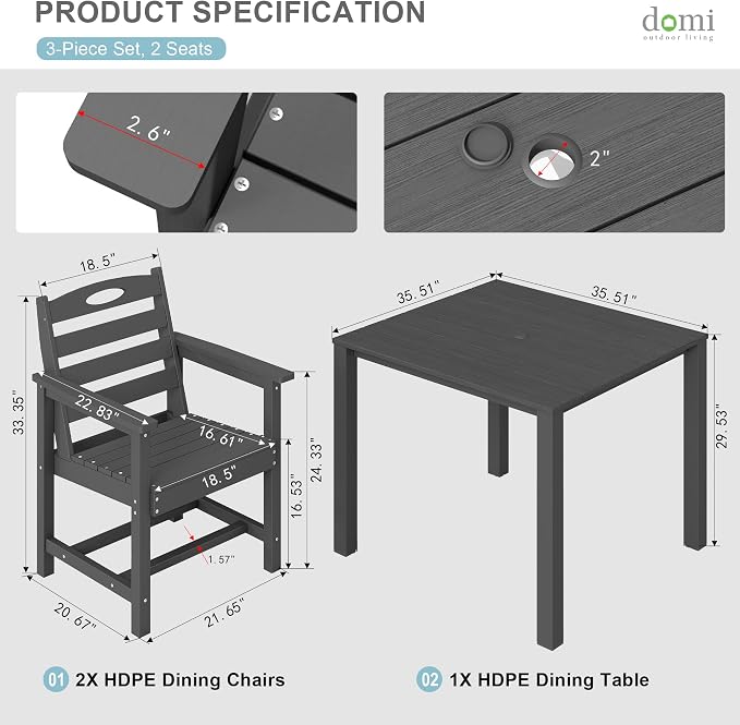 Domi HDPE Outdoor Dining Set, All-Weather Outdoor Dining Table Set of 3 with 2" Umbrella Hole, Outdoor Patio Dining Set for Garden, Poolside, Backyard, Deck, Grey