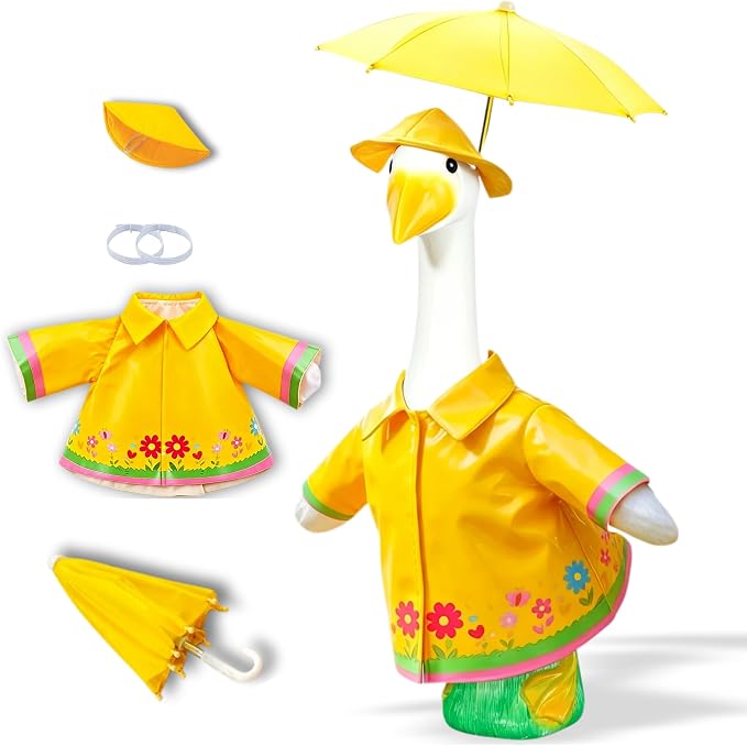 Raincoat Porch Goose Outfits, Summer Lawn Goose Statue Raincoat Costume, Cement/Plastic Goose Clothes Raincoat Umbrella Hat, 3-Piece Set for 23" Yard Goose Statue Patio Garden Decoration