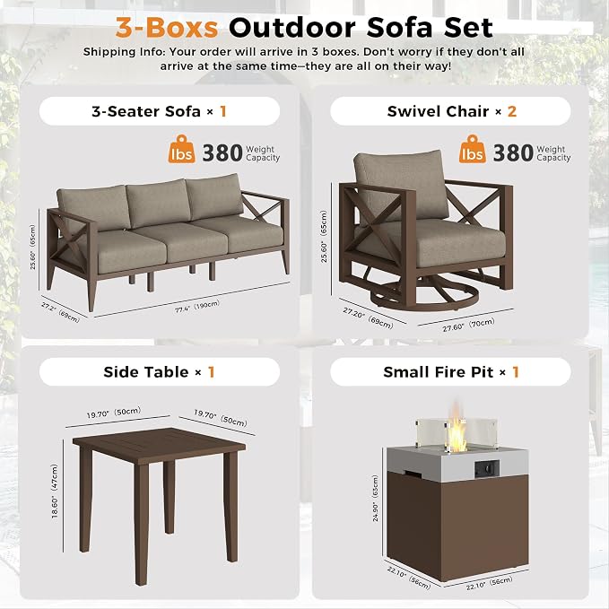 Aluminum Outdoor Patio Furniture Set with Fire Pit, 7-Piece Outdoor Sectional with 5.2" Thick Cushions, Swivel Chairs Patio Conversation Sets for Backyard,(Brown,5 Seats)
