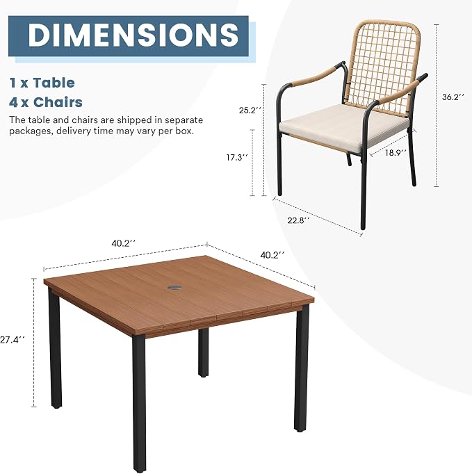 DIFY 5 Pieces Outdoor Dining Set, Metal Patio Table and Chairs Set for 4, 40.2" Square Dining Table with Umbrella Hole & Wicker Stackable Patio Chairs with Cushions, Walnut Tabletop