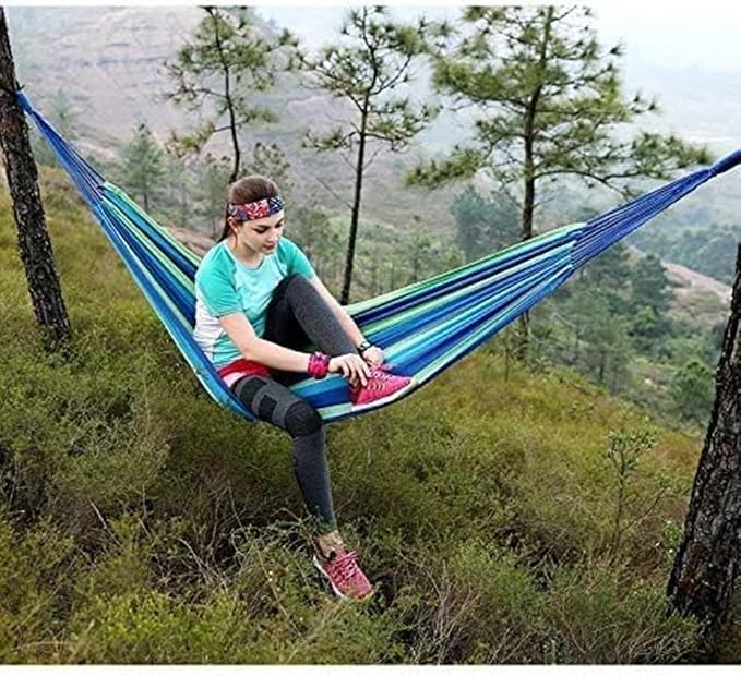 Portable Cotton Hammock, Suitable for Hanging Durable hammocks, Perfect for Camping Outdoor/Indoor Backyard, with Hanging Ropes and Carrying Bags (Blue, Large)