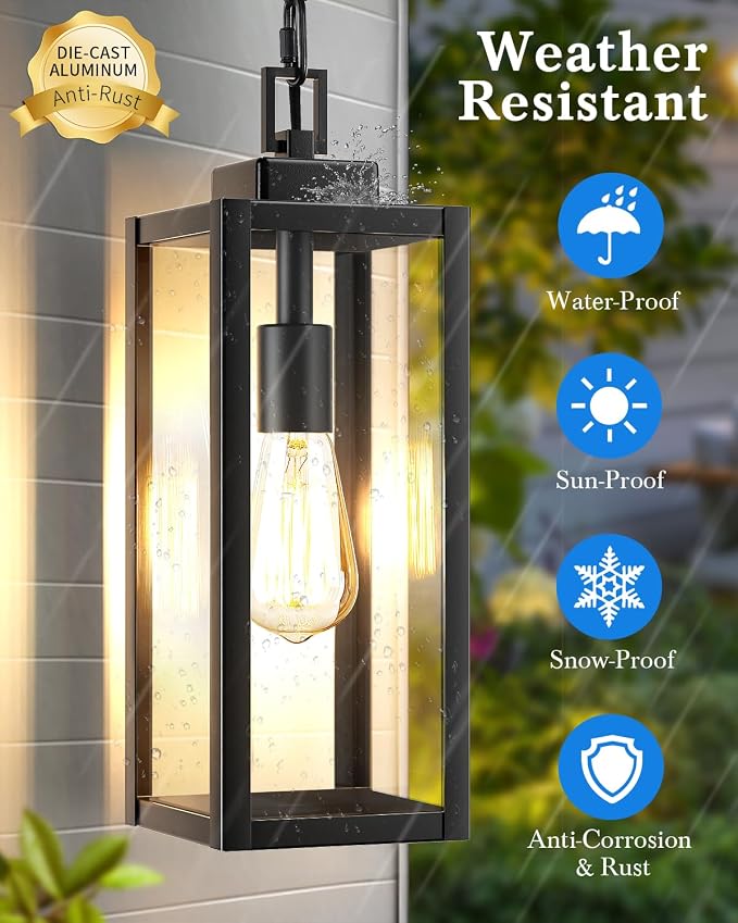 15'' Large Motion Sensor Outdoor Pendant Lights, With Dusk to Dawn Sensor | Modern Outside Chandelier Outdoor Hanging Lantern with Clear Glass, Exterior Pendant Lighting Fixture for Porch, Black, 1Pack