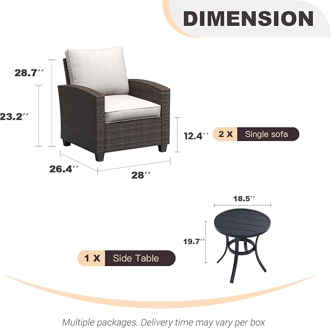 VICLLAX 3 Pieces Wicker Outdoor Furniture Set, PE Rattan Patio Conversation Set with 2 Single Chairs, Metal Side Table for Deck Porch Pool, Beige Cushion