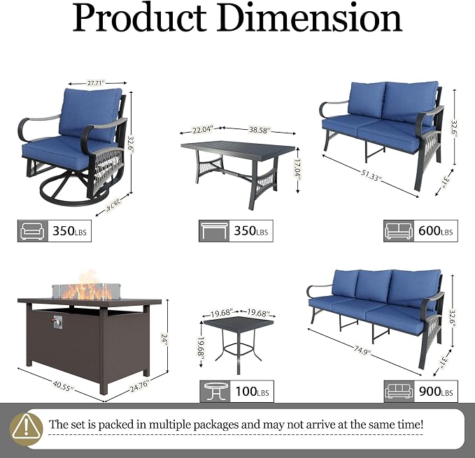 7-Piece Outdoor Furniture Set, Metal Swivel Rocking Chairs with All-Weather Cushions, Patio Conversation Set with Fire Pit Table for Deck, Porch, Garden, Backyard, Poolside (Blue Cushions)