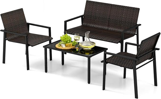 HAPPYGRILL 4 Pieces Outdoor Patio Wicker Furniture Set, Conversation Set with Coffee Table, PE Rattan Chairs with Galvanized Metal Frame for Small Space, Balcony, Poolside, Backyard (Mix Brown)