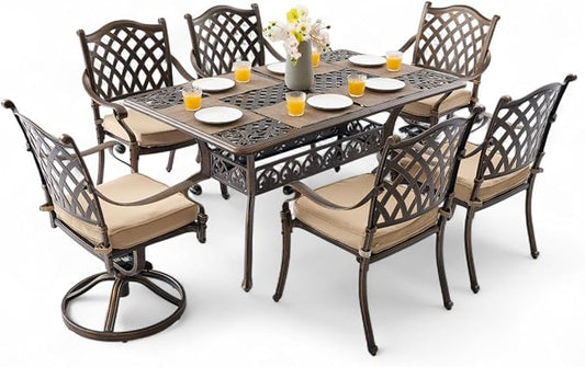 7 Piece Outdoor Dining Set Cast Aluminum Furniture Set, Retro Patio Dining Set for 6 includes 59” Table & 4 Stackable Chairs & 2 Swivel Chairs with Cushions and 2" Umbrella Hole for Patio Deck Garden