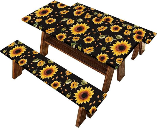 Sunflower Leaf Picnic Table Cover with Bench Covers Waterproof Rectangle Tables Patio Tablecloth Camping Gear and Essentials Rv Accessories Road Trip Supplies Car Travel Must Haves