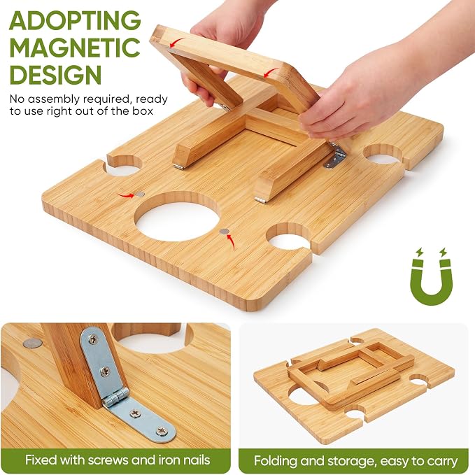 Bamboo Wine Picnic Table, Foldable Portable Charcuterie Tray with Bottle Slot and 4 Glass Holders, 15.6 x 11.7 x 7.5 in, for Beach, Park, Camping