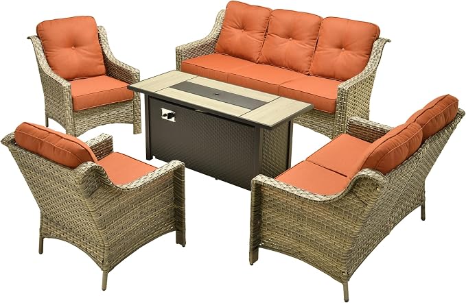Outdoor Patio Furniture Sets, 5 PCS Patio Conversation Set Outside Rattan Sofa with 54 in Fire Pit Table Comfy Cushions Fit Backyard Porch Garden Poolside Balcony,Orange Red