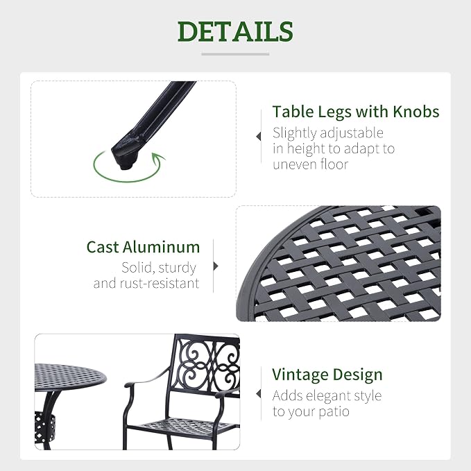 Outsunny 33" Patio Dining Table Round Cast Aluminium Outdoor Bistro Table with Umbrella Hole - Black