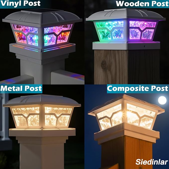 SIEDiNLAR Solar Post Cap Lights Outdoor 2 Color Modes LED for 4x4 5x5 6x6 Wooden Vinyl Posts Fence Patio Deck Decoration RGB Color Changing & Warm White Lighting White (6 Pack)