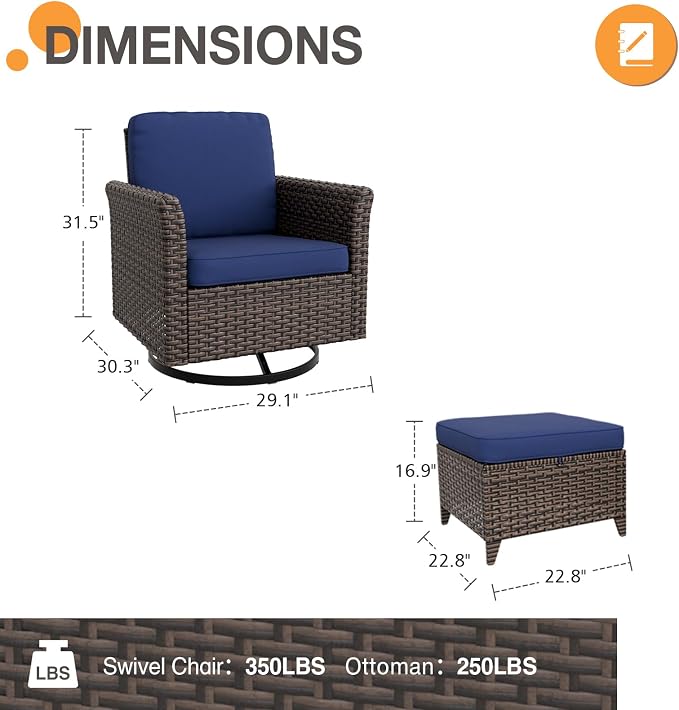 COOS BAY Harbor Retreat 4 Piece Outdoor Furniture Set, Patio Conversation Set with Swivel Rocking Chairs and Ottomans, Wicker Furniture, Brown/Blue