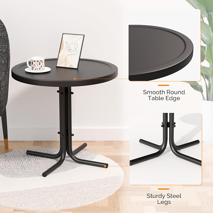 VINGLI Outdoor Side Table, Round Metal Patio Side Table End Table for Garden, Balcony, Porch and Living Room, Black