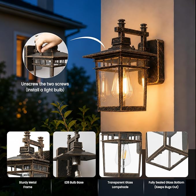 13'' Brown Outdoor Wall Light Fixture, Waterproof Wall Sconce Outdoor Light Fixtures Wall Mount with Clear Glass Lampshade Outdoor Wall Mounted Porch Lights for House, Garage, Patio
