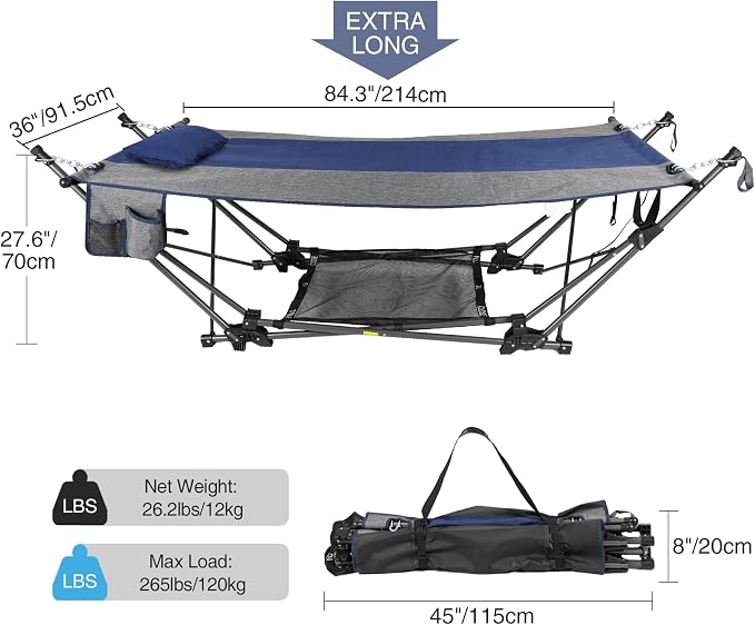 RedSwing Camping Hammock with Stand, XXL Portable Hammock with Removable Pillow and Storage Net, Foldable Heavy Duty Steel Frame Space Saving for Indoor Outdoor Backyard Beach Garden
