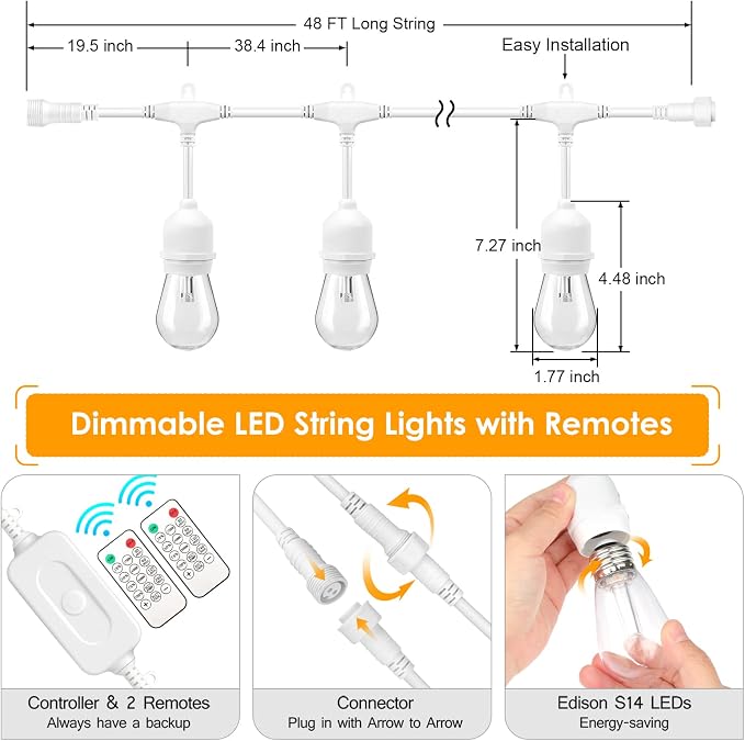 3 Colors 48FT Outdoor String Lights with Remote, 3 Modes, White | Plug in, Jump/Fade/Static Modes, 2700K/4000K/5000K, 15 S14 Bulbs, Waterproof, Dimmable, for Wedding Birthday Party Decor
