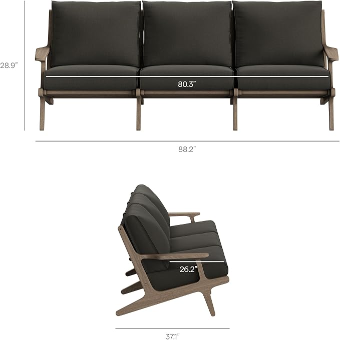 Modway Saratoga 4-Piece Teak Wood Outdoor Furniture Set in Weathered Gray Flint - Patio Conversation Set with Sofa, 2 Armchairs, and Coffee Table