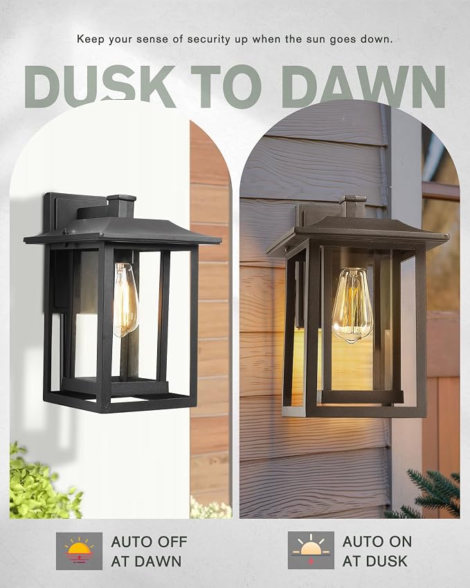 Beionxii Outdoor Wall Mount Light, Dusk to Dawn Exterior Light Fixture Outside Lights for House Porch Patio, Black Cast Aluminum w/Clear Glass (13.5" x 9") - A197W-1PK
