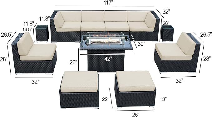 Fully Assembled 11 Piece Ohana Outdoor Patio Furniture Black Wicker Gray Cover Conversation Set with and 42-inch Propane Gas Fire Table