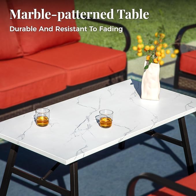 MIXPATIO Patio Furniture Set with Coffee Table, Outdoor Conversation Set with 2 x Fixed Chairs, 2 x Swivel Chairs, 1 x 3-Seat Sofa for Lawn Garden Backyard, Red