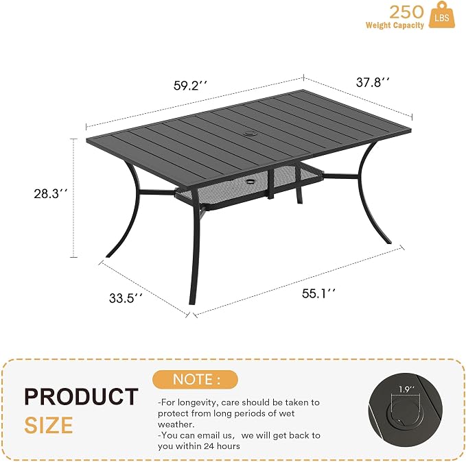 VICLLAX Outdoor Dining Table for 6, 59" Black Metal Patio Table with Umbrella Hole, Black