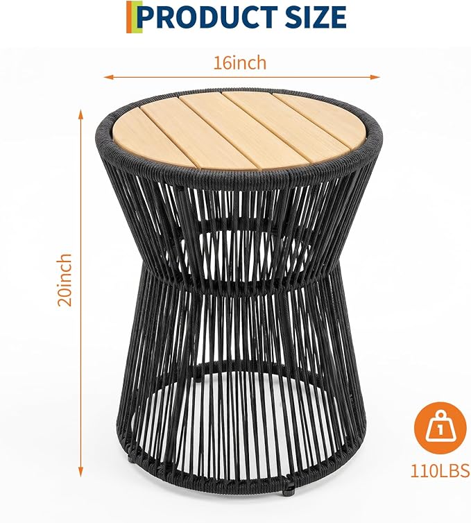 Garvee Outdoor Small Side Table, 20’’ h Patio Rattan End Table with Wood Top Round Coffee Table for Living Room Outdoor Patio Backyard Poolside