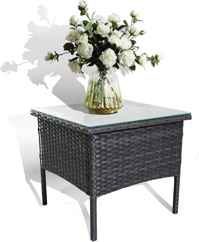Outdoor Patio Wicker Table,Rattan Side Table,Modern Patio End Side Table with Glass Countertop and Storage Space,for Porch Garden Balcony