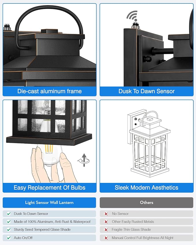 Exterior Lighting Fixtures, Black Porch Lights Outdoor with Gold Trim, Dusk to Dawn Porch Light with Seeded Glass, Aluminum Anti-Rust Waterproof Outdoor Wall Lantern for Houae, Garage, Doorway