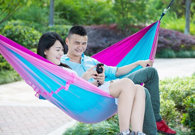 ELEOPTION Camping Hammock with Mosquito net Portable Outdoor Bed Robust Hammock from Parachute Silk max. Load Capacity 200kg Perfect for Home Garden Forests Travel Hiking etc (Pink+Blue)