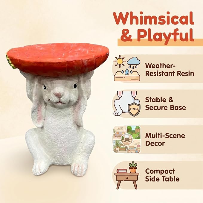 13.4 Inch Tall Bunny Side Table Garden Decor | Outdoor Resin Rabbit Statue, Plant Stand, Whimsical Carrot Tray End Table, For Kids Nursery Room Patio Yard