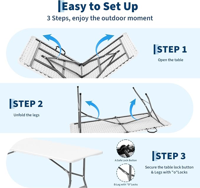 Garvee 6FT Portable Folding Table, HDPE Plastic Foldable Table with Carry Handle for Camping, Parties, Picnic & Events Indoor Outdoor，White