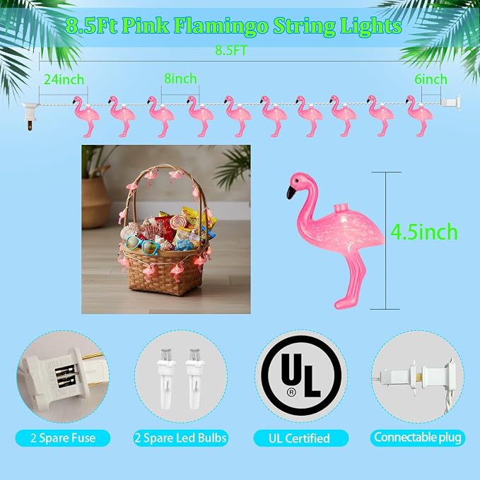 8.5Ft Summer Themed Tropical Beach Lights, 10L Pink Flamingo String Lights | Indoor Outdoor LED Party Lights for Bedroom Birthday Wedding Holiday Hawaiian Tiki Tropical Party Décor