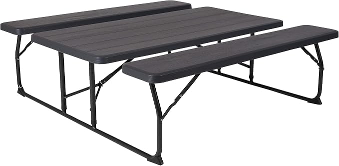 Flash Furniture Insta-Fold Picnic Table - Charcoal Wood Grain Folding Picnic Table Bench Set for Adults - 4.5 Foot Folding Table