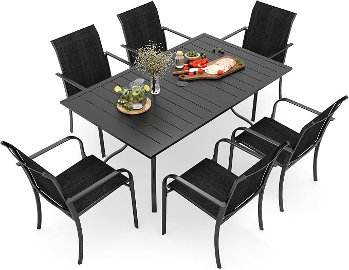 Anmutig Outdoor Patio Dining Set of 7 with 60"x38" Rectangle Table and 6 Stackable Dark Grey Chairs for 6 Person