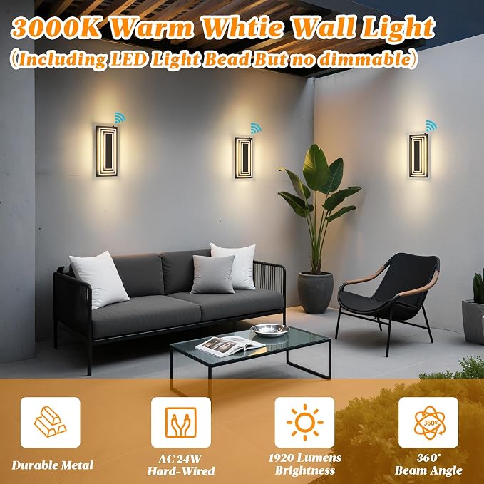Dusk to Dawn LED Outdoor Wall Light,Exterior Light Fixture,15.7 in | Black Outdoor Porch Lights Wall Mount For House,Porch ,Patio,Front Door,Waterproof, LED 3000K Warm White,24W,1 Pack