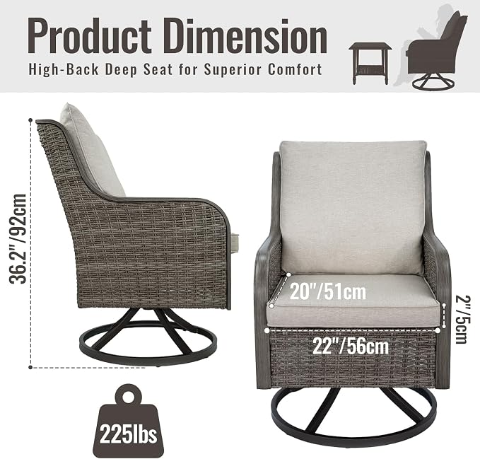 Swivel Patio Chairs Set of 2, High Back Outdoor Chairs, Wicker Patio Furniture with Cushions, Outdoor Furniture for Porch Backyard