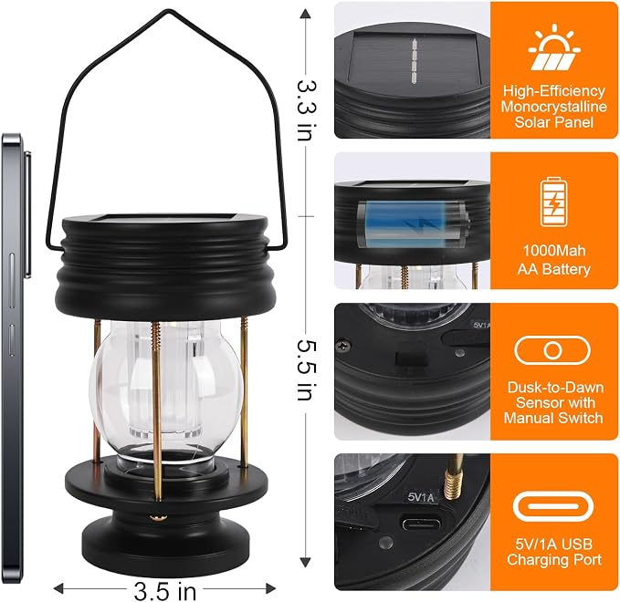 Solar Lanterns Outdoor Hanging Lights Patio Decor, Upgraded Dual Solar & USB Charging, Adjustable Light Sensor, Retro Decorative Table Lamp Waterproof, Indoor Outdoor Garden Patio Yard Decoration
